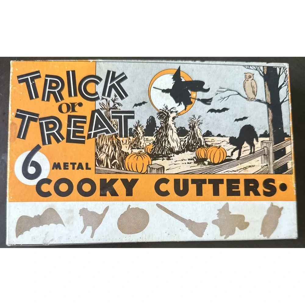 Vintage Trick or Treat Set of 6 Metal Halloween Cooky Cookie Cutters with Box
